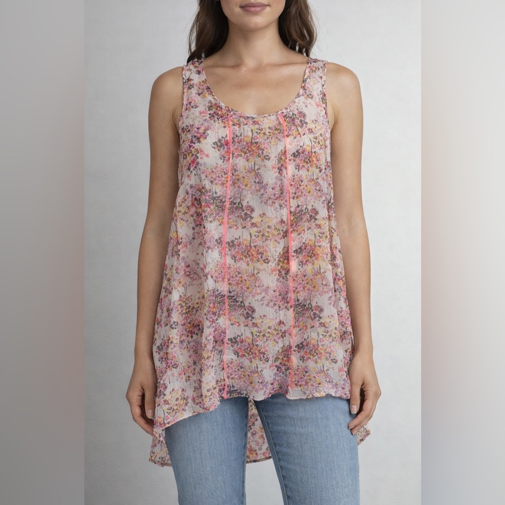 American Rag Sheer Floral High Low Tank Top Pink Boho Flow Blouse Medium - Picture 2 of 4